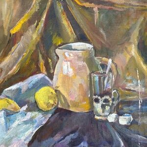 Vintage semi cubist still life oil painting